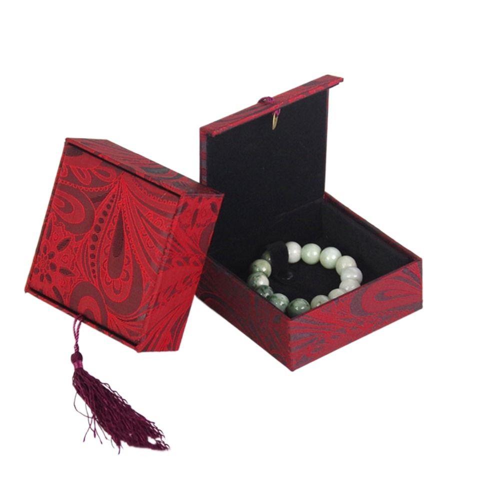 Vintage Linen Tassel Jewelry Box Rectangular Chinese Style Jewelry Display Box with Fringe Ring Gift Box Pendant