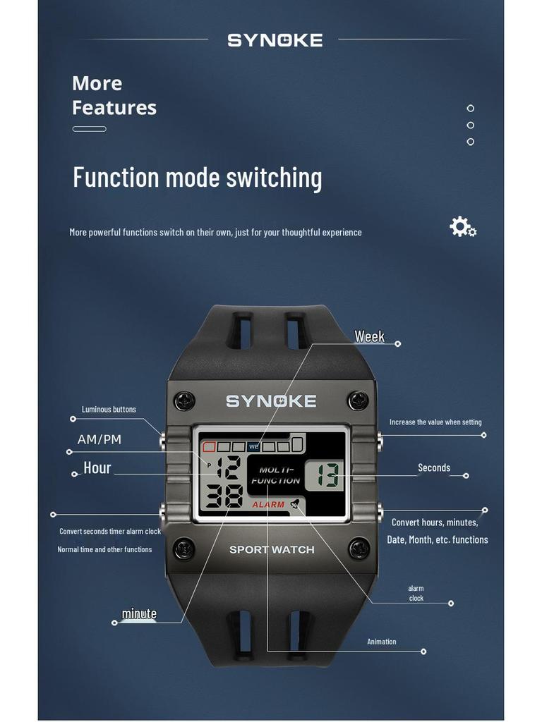 SYNOKE Men's Trendy Square Alloy Sport Watch - Large Screen, Fashionable, Waterproof.