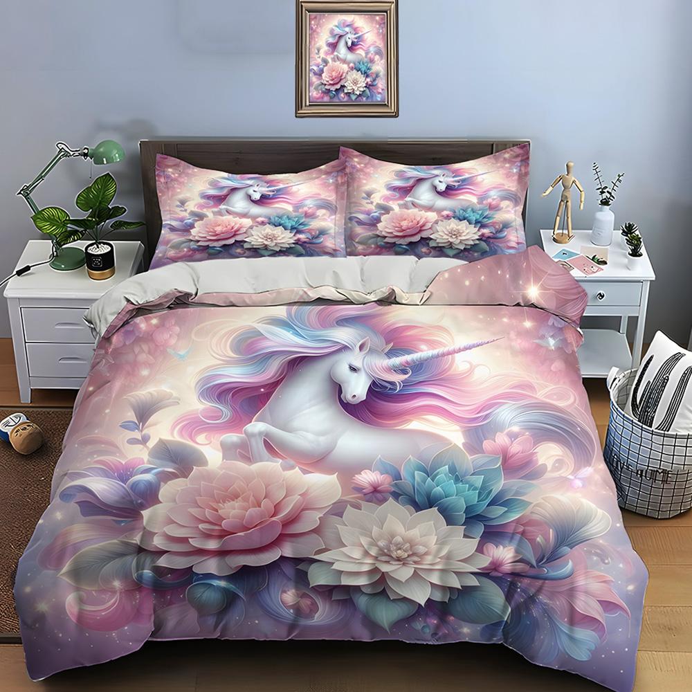 Magical Unicorn And Stunning Flowers Print Bedding Set 1 Duvet Cover 2 Pillowcases For Adult And Children Luxury Gift Full Size