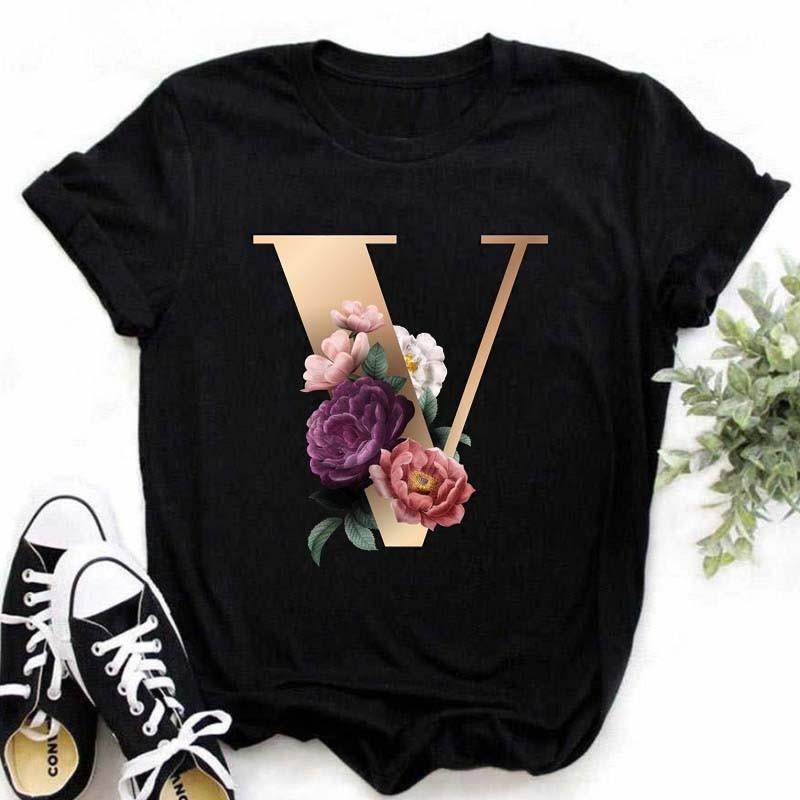 A B C D E Druck T-Shirt für Damen Neues Sommer Paare Liebhaber Damen T-Shirt Harajuku Lässig Schwarze Oberteile T-Shirts
