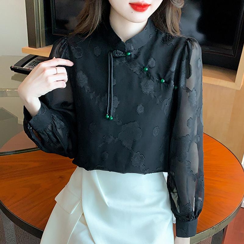 2025 Spring New Chinese Style Women Blouses Shirts Long Sleeve Stand Collar Black White Chiffon Blouse Shirt Women Tops J771