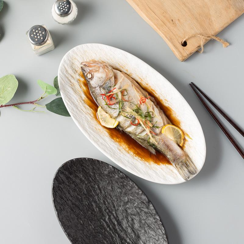 Restaurant Hotel Japanese Rock Texture Oval Fish Plate Large Family Braised Steamed Fish Plate Light Luxury Western Plate Tableware