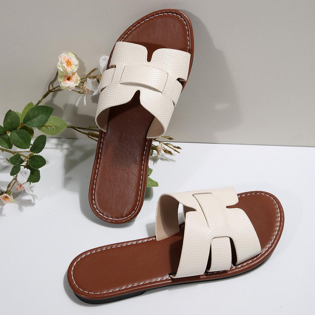 European and American foreign trade large size one word solid color classic round head flat bottom women's slippers 2025 summer new beach slippers wom