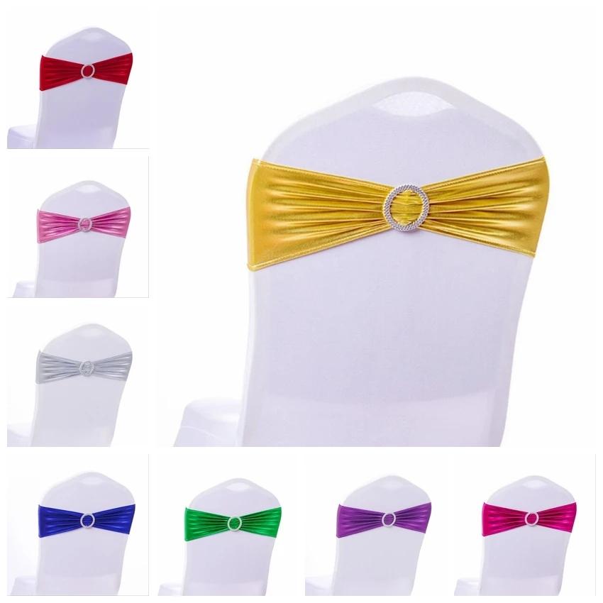 10PCS Chair Decoration Chair Sashes Bow Shiny Metallic Chair Knot Bands Tie With Round Buckle For Party Banquet