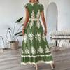 Abito Maxi da Donna Scollo a V Stampa Floreale Vita Legata Manica Corta Casual Estivo Elegante