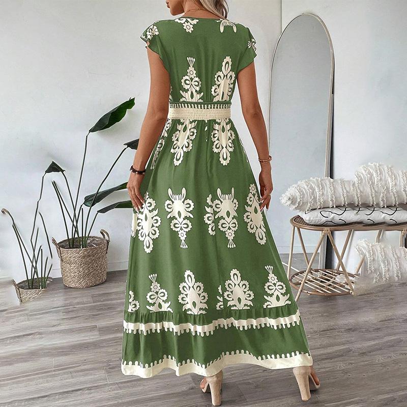 Abito Maxi da Donna Scollo a V Stampa Floreale Vita Legata Manica Corta Casual Estivo Elegante