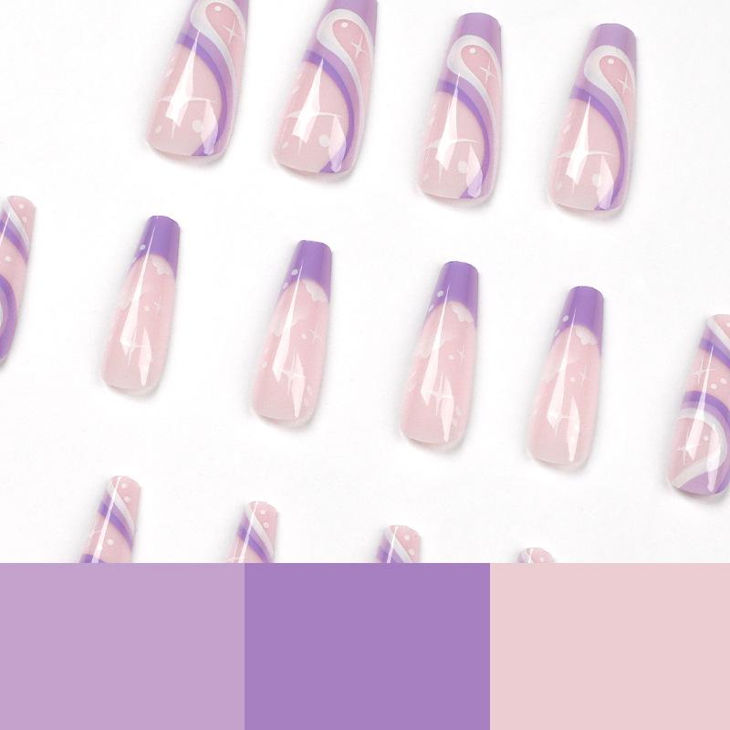 [Clearance] Wear nail art, purple lines, long ballet star and moon nail pieces, false nails, false nails