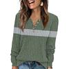 Women's Fashion V-Neck Button-Front T-Shirt With Striped Patchwork Print Long-Sleeved Top