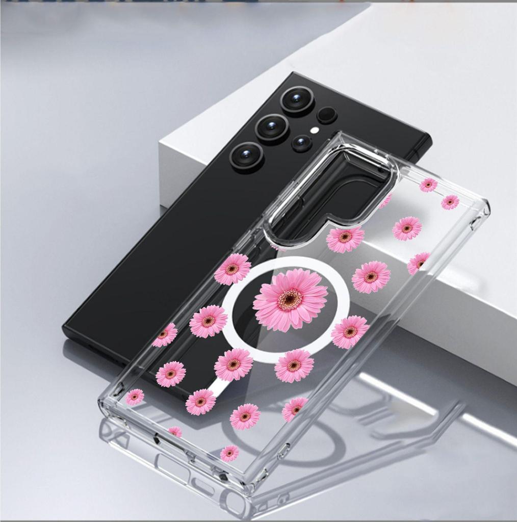 Pink Daisy Magnetic Transparent Case for iPhone 15/16/17 Pro Max