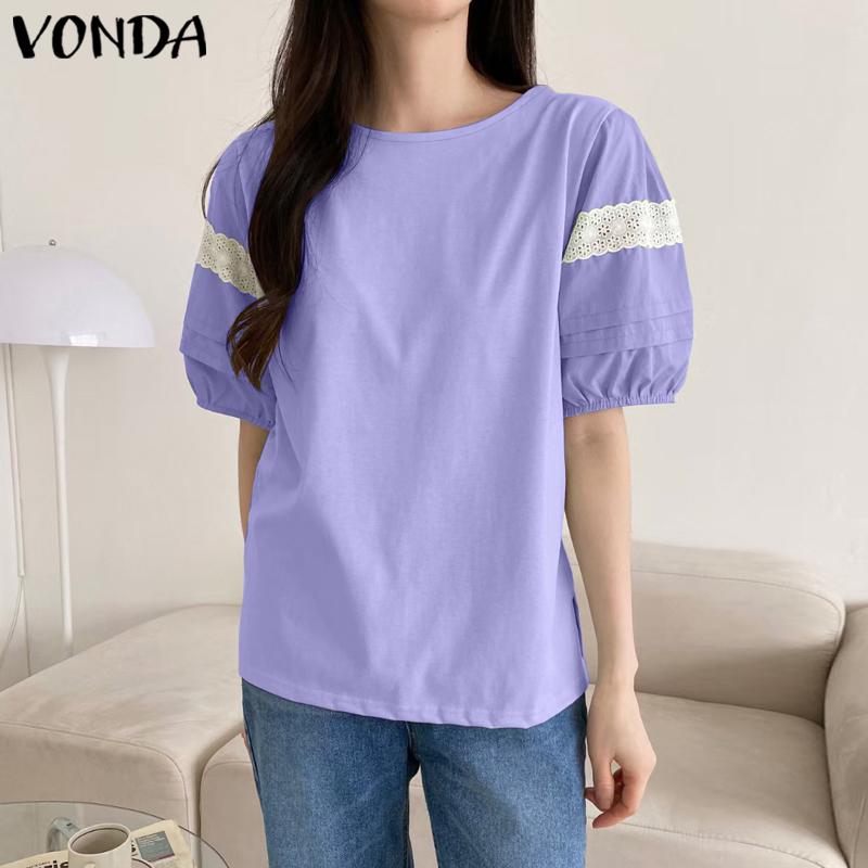 

VONDA Лето Женщины Сращивание Цвет Топы Половина Пышный Рукав Повседневная Свободная Блузка Плюс Размер