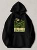 Black Pullover Hoodie with The Explorer of Tropical Rainforest Graphic Vintage Green Jungle Mountain Print Sweatshirt for Outdoor