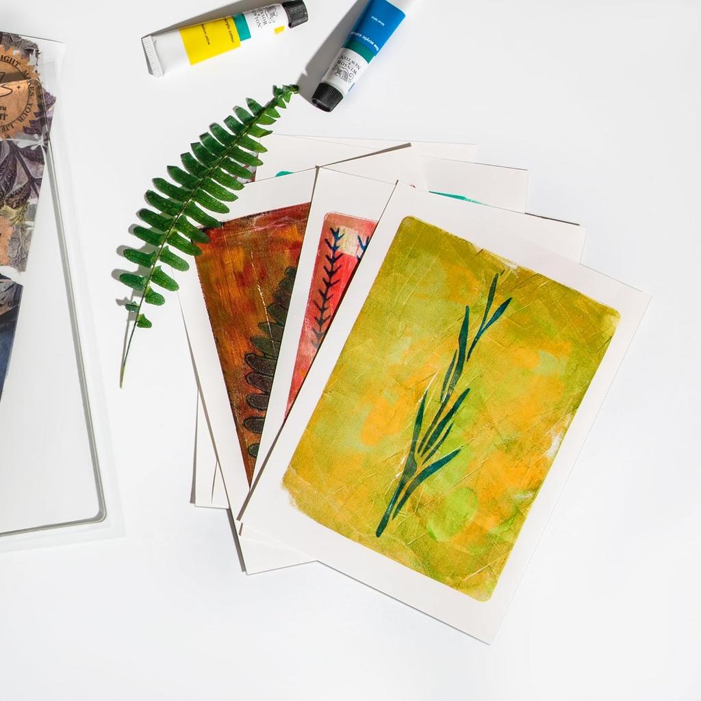 BuzzBright Gel Printing Plate kit, Complete Printmaking Set with 5”X7” Gelatin Plate, Brayer, Printmaking Paper, Acrylic Paint and Essential