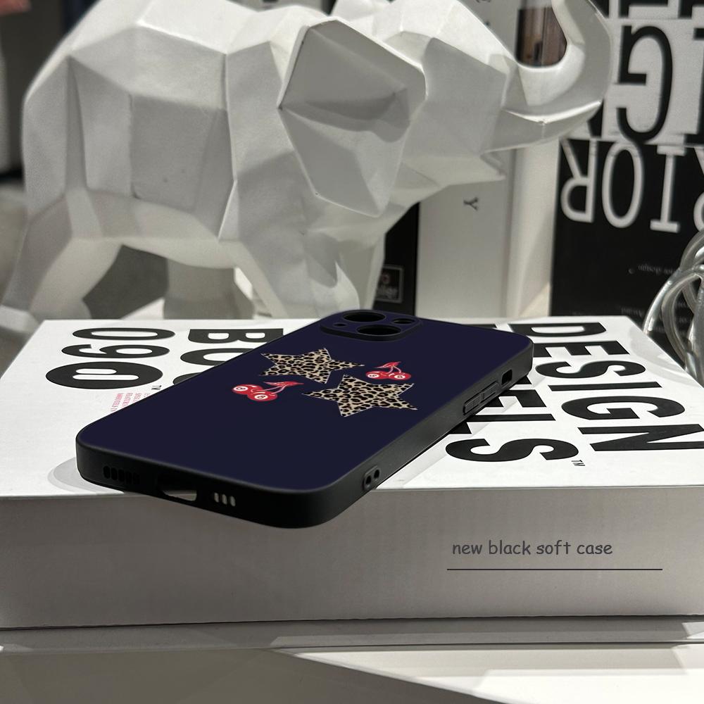 Leopard Print Cherry Star Phone Case FOR IPhone 15 Pro Max 14 11 12 Pro 15 16 Plus 13 Pro MAX XR XS Black Soft Covers