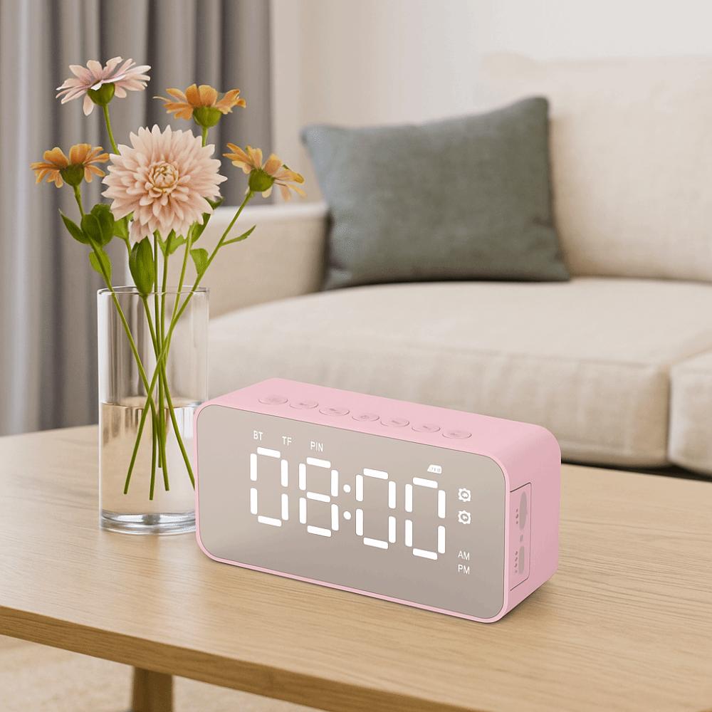 Stereo Sound Bluetooth Speaker Mini FM Radio Creative LED Mirror Clock Gift