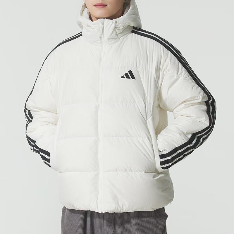 Adidas Jachetă de puf pentru bărbați, de exterior, casual, cu glugă, sport, călduroasă, rezistentă la vânt, cu mâneci lungi, cu dungi KC2494