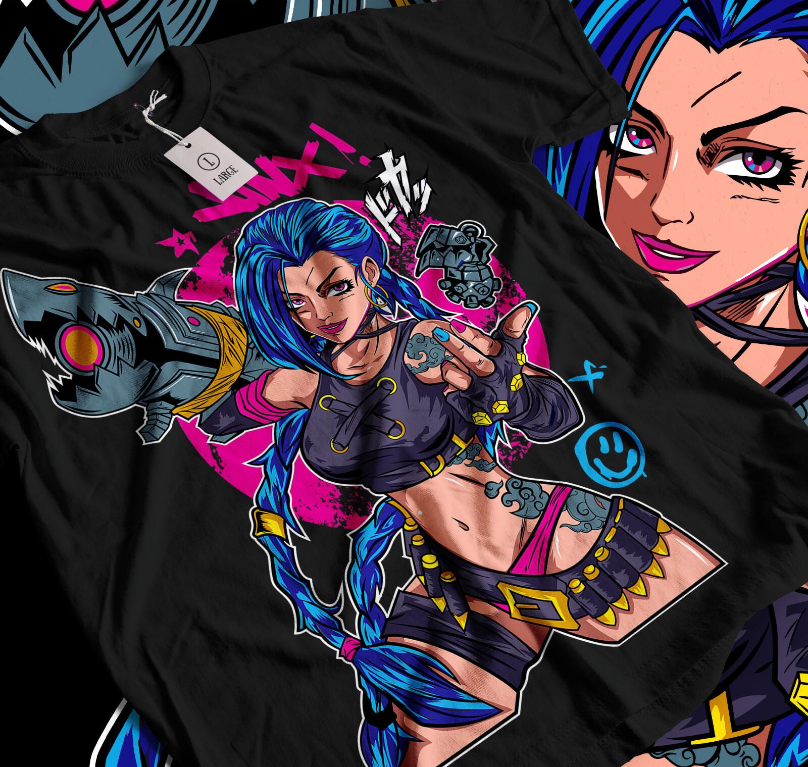 Jinx Arcane T-Shirt Mens Womens Tees Top Japanese Anime Cartoon Jinx Black T-Shirt Mens Womens Tees Top 043 3XL