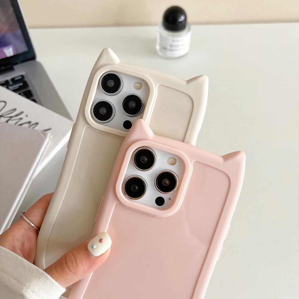 Cute Cartoon 3D Cat Ear Glossy Silicone Soft Case For iPhone 15 Pro Max 11 13 14 Plus Candy Thickened Bumper Shockproof Cover