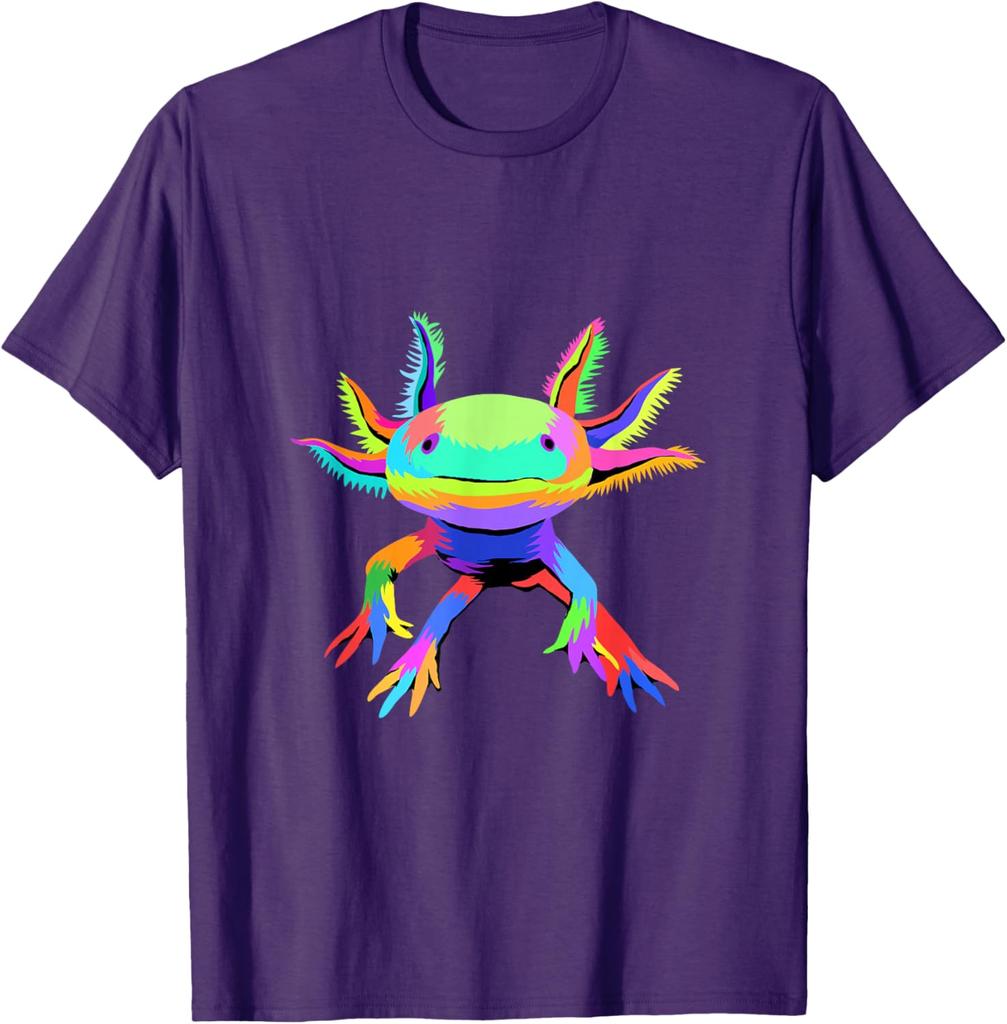 Colorful Pop Art Axolotl Lover Graphic Tee Breathable Cotton Casual T-Shirt for Men