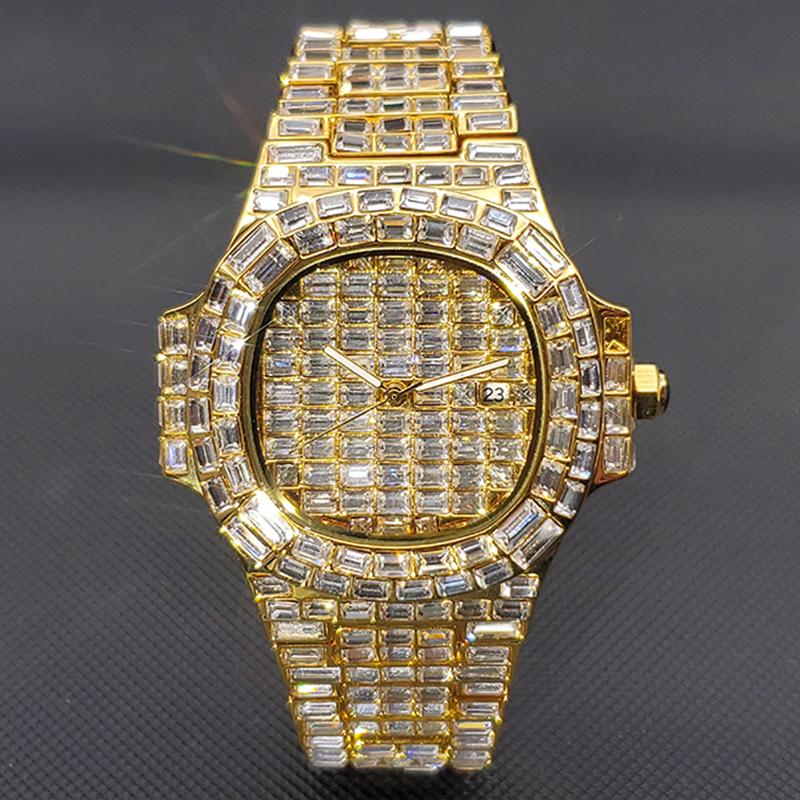Luxury 18K Gold Men's Watches Hip Hop Style Full Diamond Quartz Wristwatch Punk Ice Out Jewelry Bracelet Clock Relgio masculino