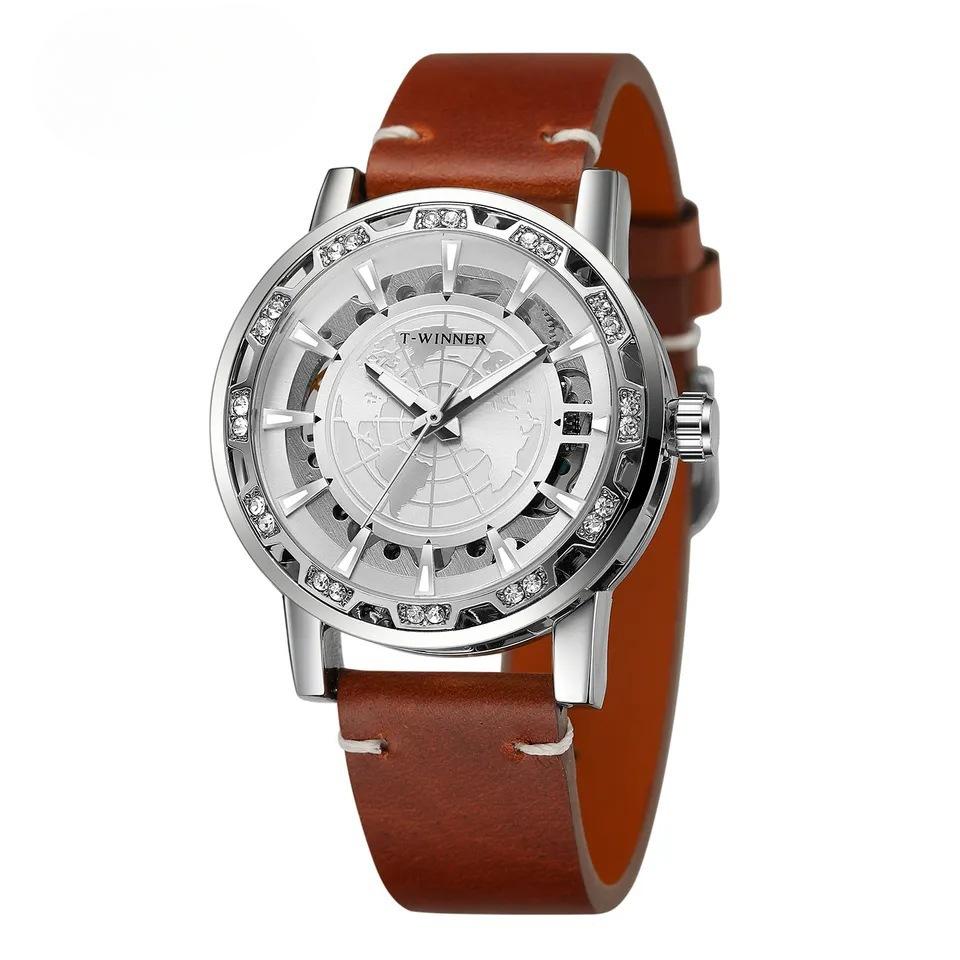 Erkek Moda Rahat Klasik Popüler Yapay Elmas İçi Boş Manuel Mekanik Saat İzle