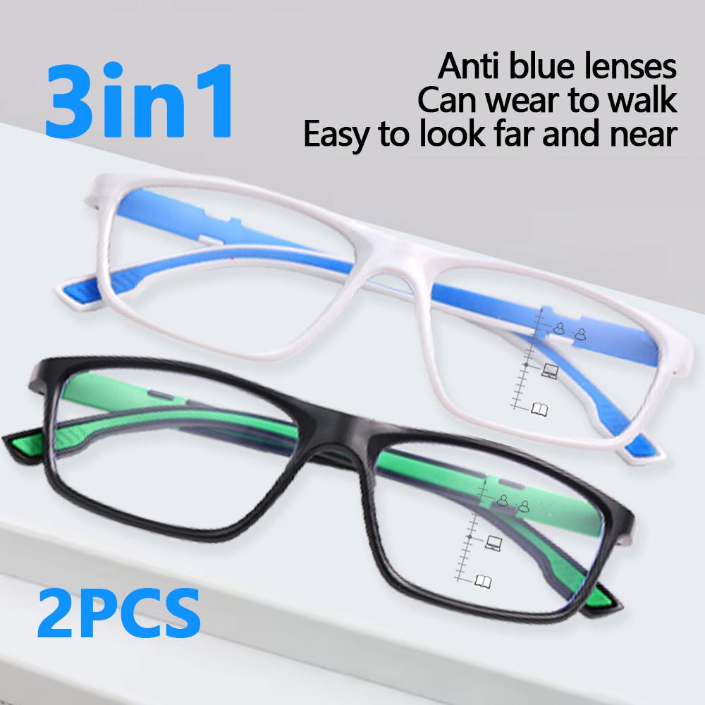 2pcs 3-in-1 Progressive Multifocal Reading Glasses Bifocal Near & Distance Vision | Blue Light Blocking | +1.0 To +3.0