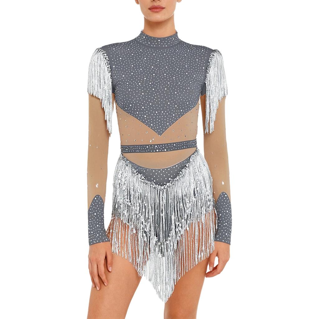 Maillot de patinage artistique pour femme à manches longues, body à paillettes et franges, entrejambe ouvrable, fermeture éclair dans le dos, combinaison de couleur contrastante avec strass
