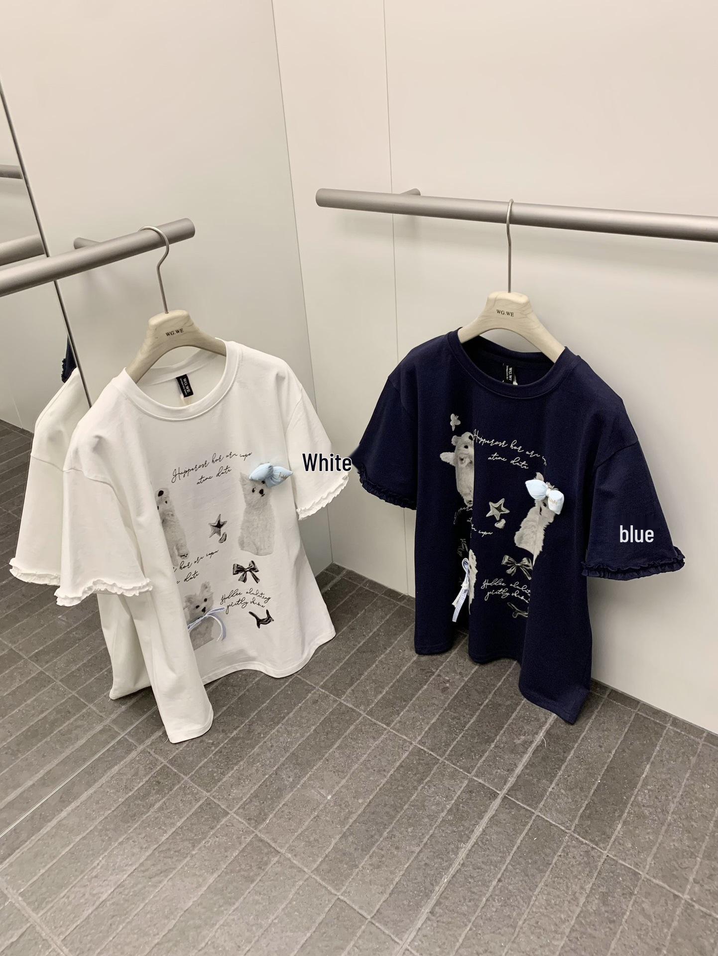 Spring/Summer Women s Cartoon Puppy Print Loose Short Sleeve T-shirt Trendy One Size белый