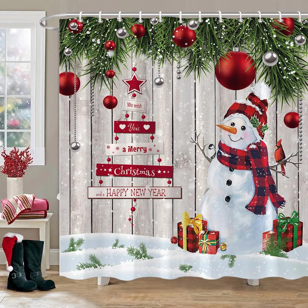 Christmas Elf Shower Curtain Rug Bathroom Set Snowman Fawn Xmas Gift Happy New Year Shower Curtain Set Bathroom Decoration