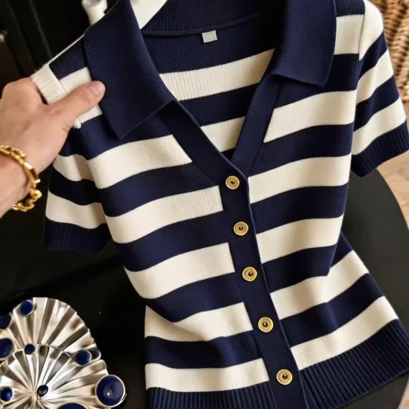 La Chapelle Women's Summer Thin Retro Striped Polo Knit Top