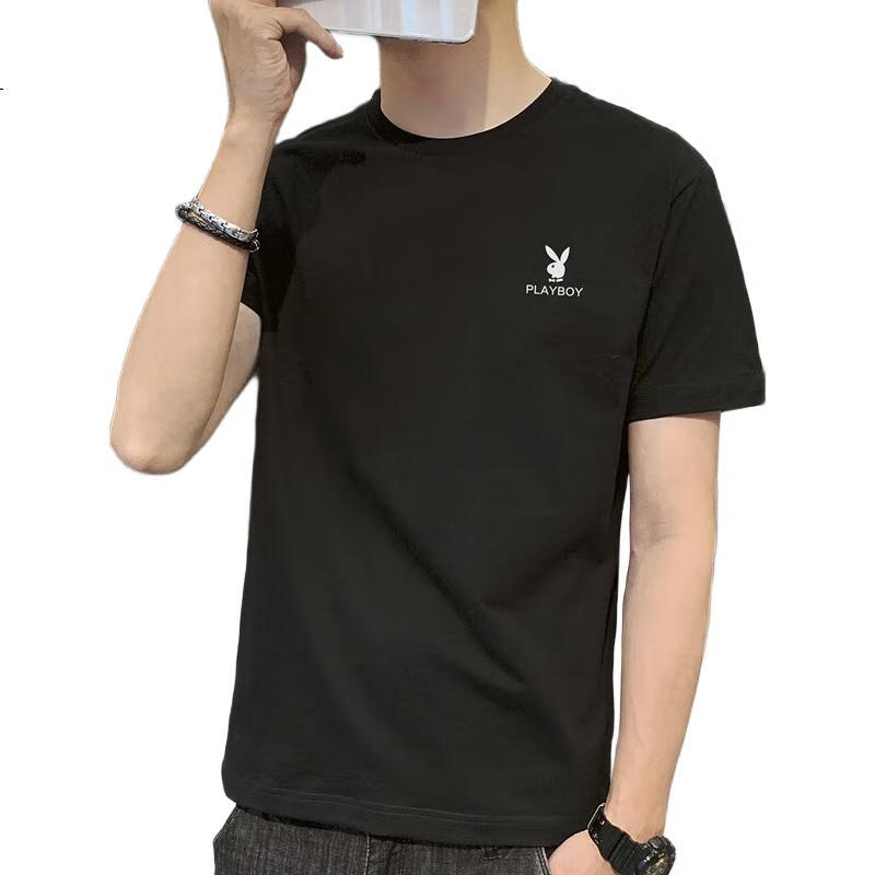 PLAYBOY Short-Sleeve T-Shirt for Men, Summer Men's Top, Trendy Loose-Fit Solid Color Pure Cotton Undershirt, Black, 3XL