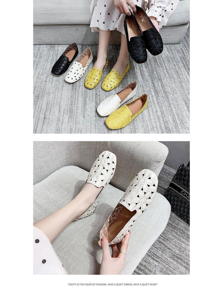 Women's Square Toe Loafers - Soft Leather, Hollowed-Out Flats for Spring/Summer 2025