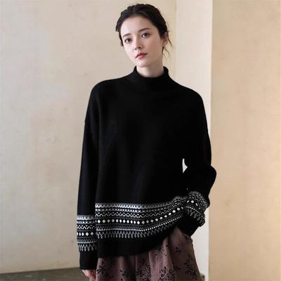 High-end Fair Isle Style Half-high Collar Long-sleeved Sweater for Women In Autumn and Winter New Trendy Loose Warm Soft Waxy Sweater