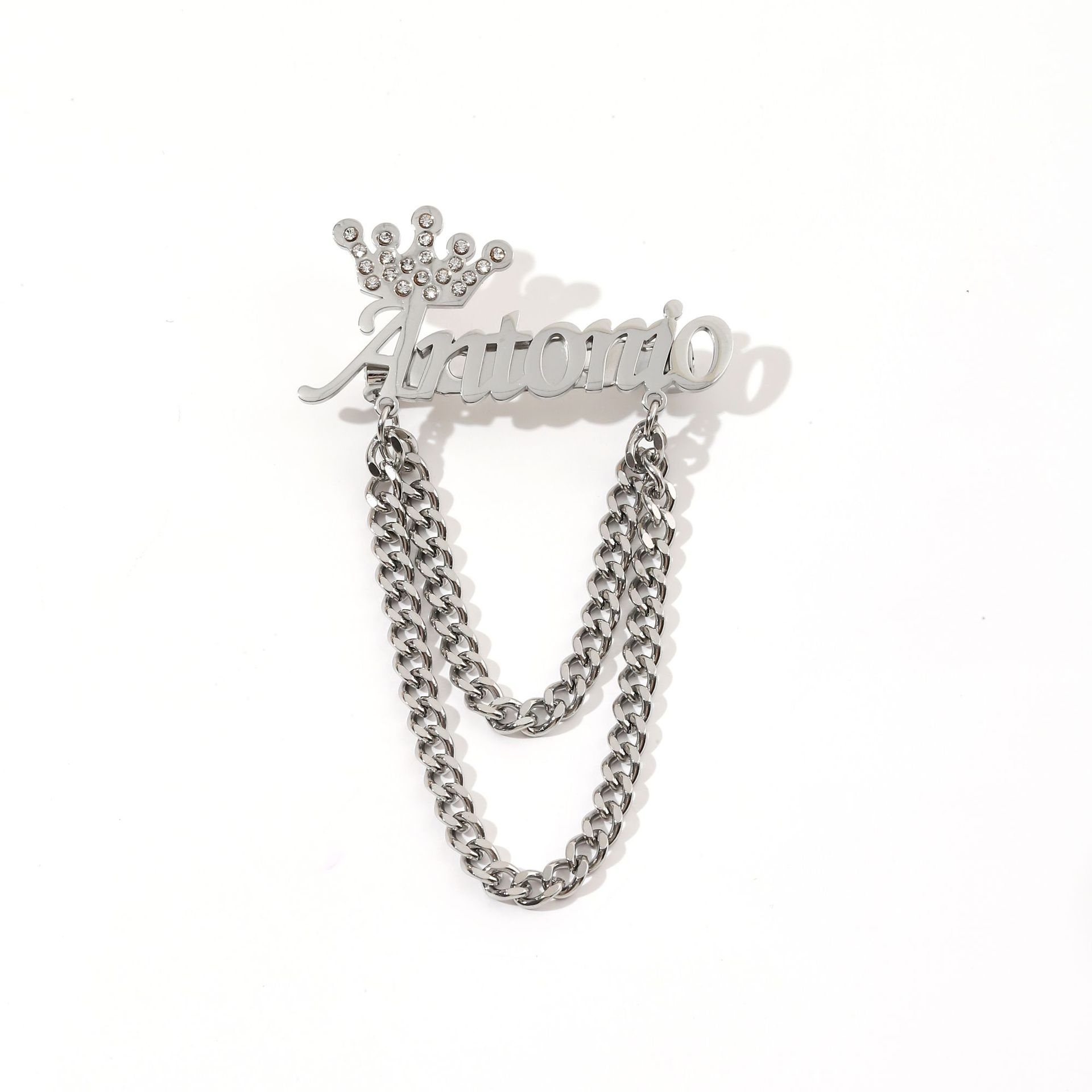 SQ One Custom Stainless Steel Personalized Crystal and Rhinestone English Name Tassel Brooch Letter Badge Unisex Jewelry Pendant