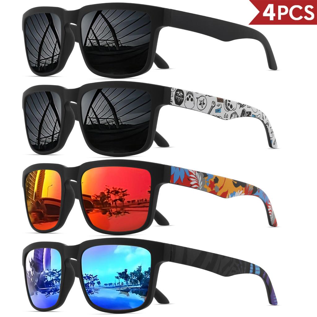 4PCS Square Sports Sunglasses with Designer Temple Pattern - UV400 for Men Women Beach Vacation 7