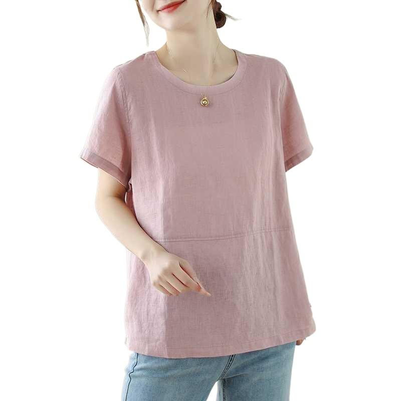 Sommer Neu Kurzärmeliges Baumwollleinen Künstlerisch Schlicht Locker Lässig Vielseitig Rundhals Kurzarmshirt