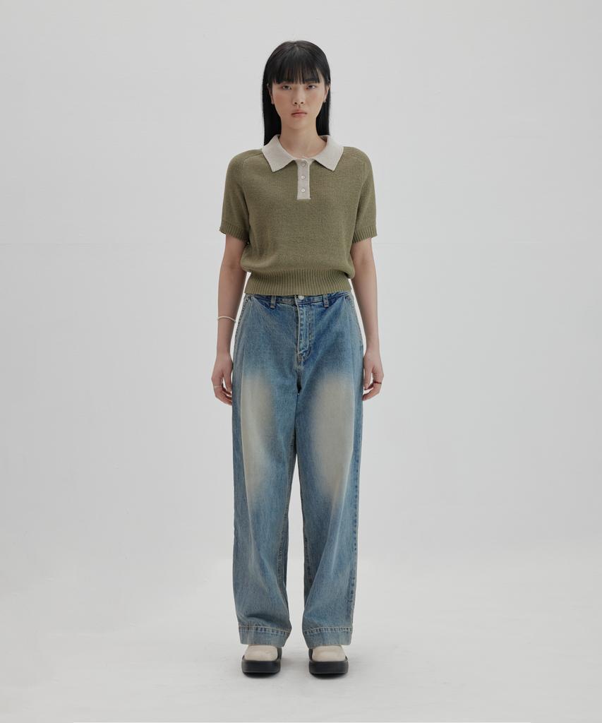 NONBLANK Raglan Half Sleeve Collar Crop Knit_Deep Green