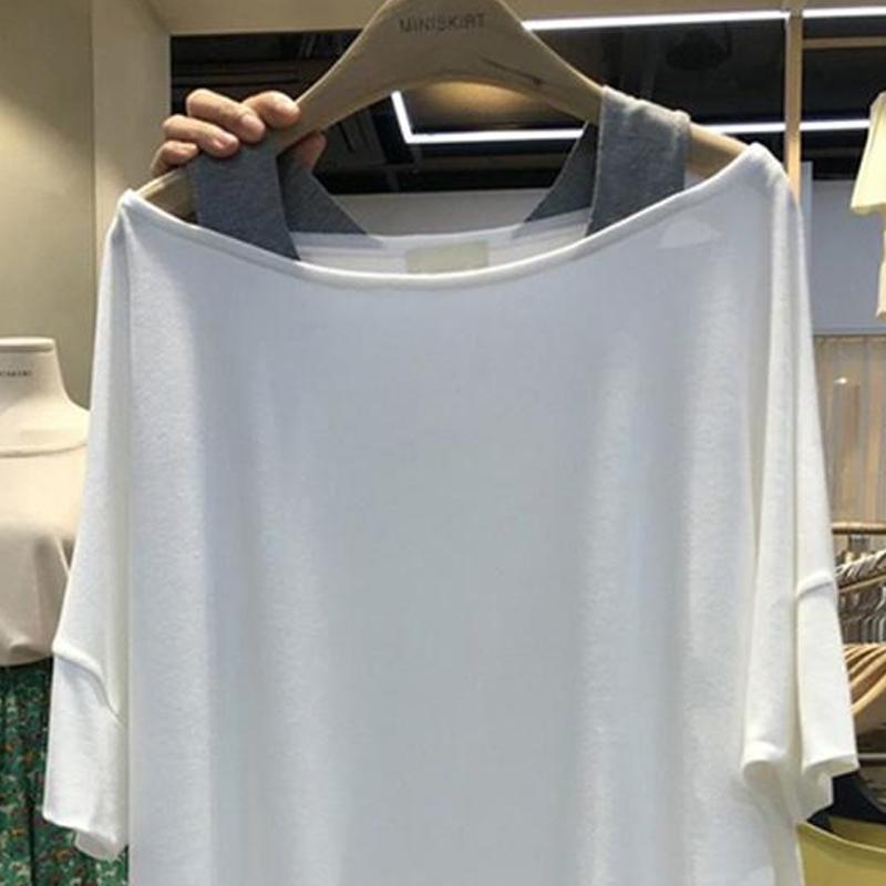 Summer Fashion Fake Two Pieces All-match Tops Women Loose Casual T-shirt Female One Word Shoulder Pullover Tee