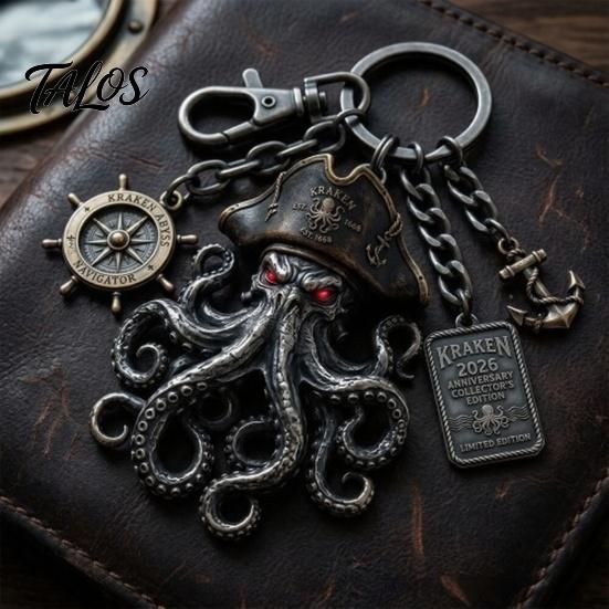 Tentacle Design Keychain Pendant with Compass Lobster Clasp Pirate Style Metal Aged Mysterious Oxidation Texture Red Eye Octopus Shape Key Ring