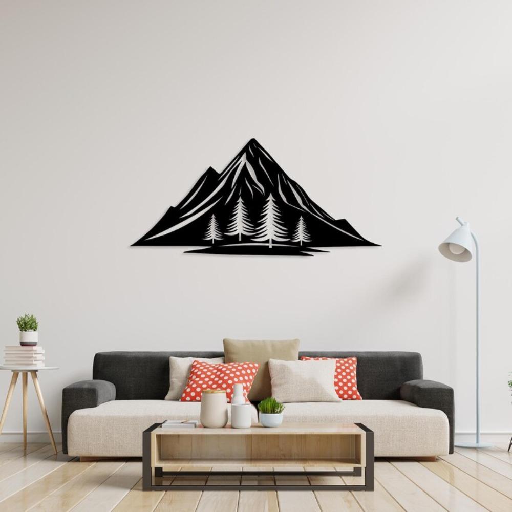 Laser Cut Metal Wall Art Mountain and Pine Tree Decor for Living Room Modern Black Steel Nature Landscape Artwork 22 Inch