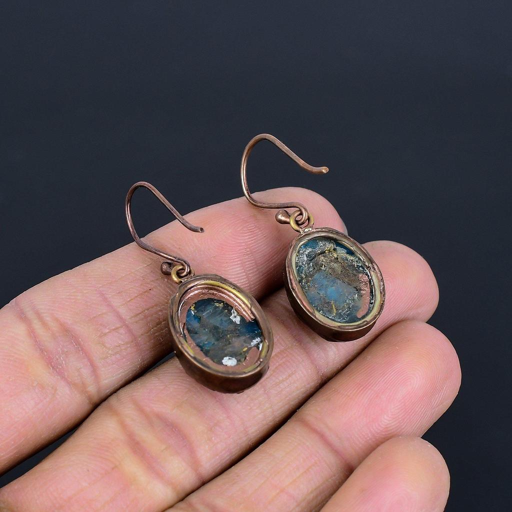 Copper Neon Blue Apatite Copper Electroformed Earrings, Handmade Gemstone Earrings Jewelry, Gifts For Wife Brand New Earrings