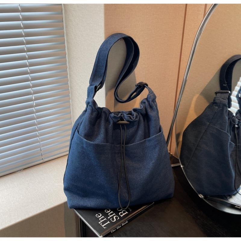

Large-capacity casual tote bag, simple niche versatile shoulder bag, fashionable commuter drawstring messenger bag темно-синий