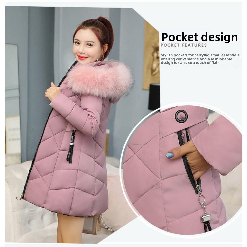 Dámské zimní oblečení úzkého střihu v zahraničním stylu s velkým kožešinovým límcem, středně dlouhé bavlněné oblečení, hromaděné a zahuštěné, teplé bundy, vatované oblečení