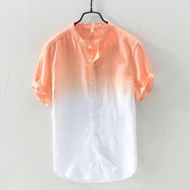 Short-sleeved Shirt Linen Cool Breathable Comfortable Gradient Blue Hawaiian Beach Men's Cardigan Shirt