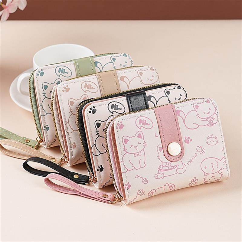 Niedliche Katze PU Leder Geldbörse Damen Kurze Geldbörse Faltbare Reißverschlussgeldbörse Ausweishalter Reise Leichtgewicht Bargeld Münztaschen