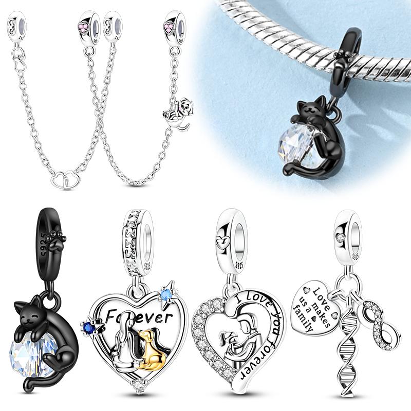925 Silver Cat Dog Charms Pendants Love Family Beads Fits Original Bracelet Women Gift Sparkling Jewelry