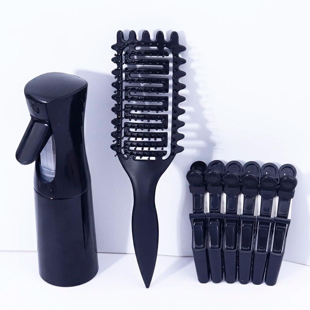 8pcs of hairdressing kit,spray bottle,hollow ventilated hair combs and alligator shaped hair clips,Special for real hair wigs