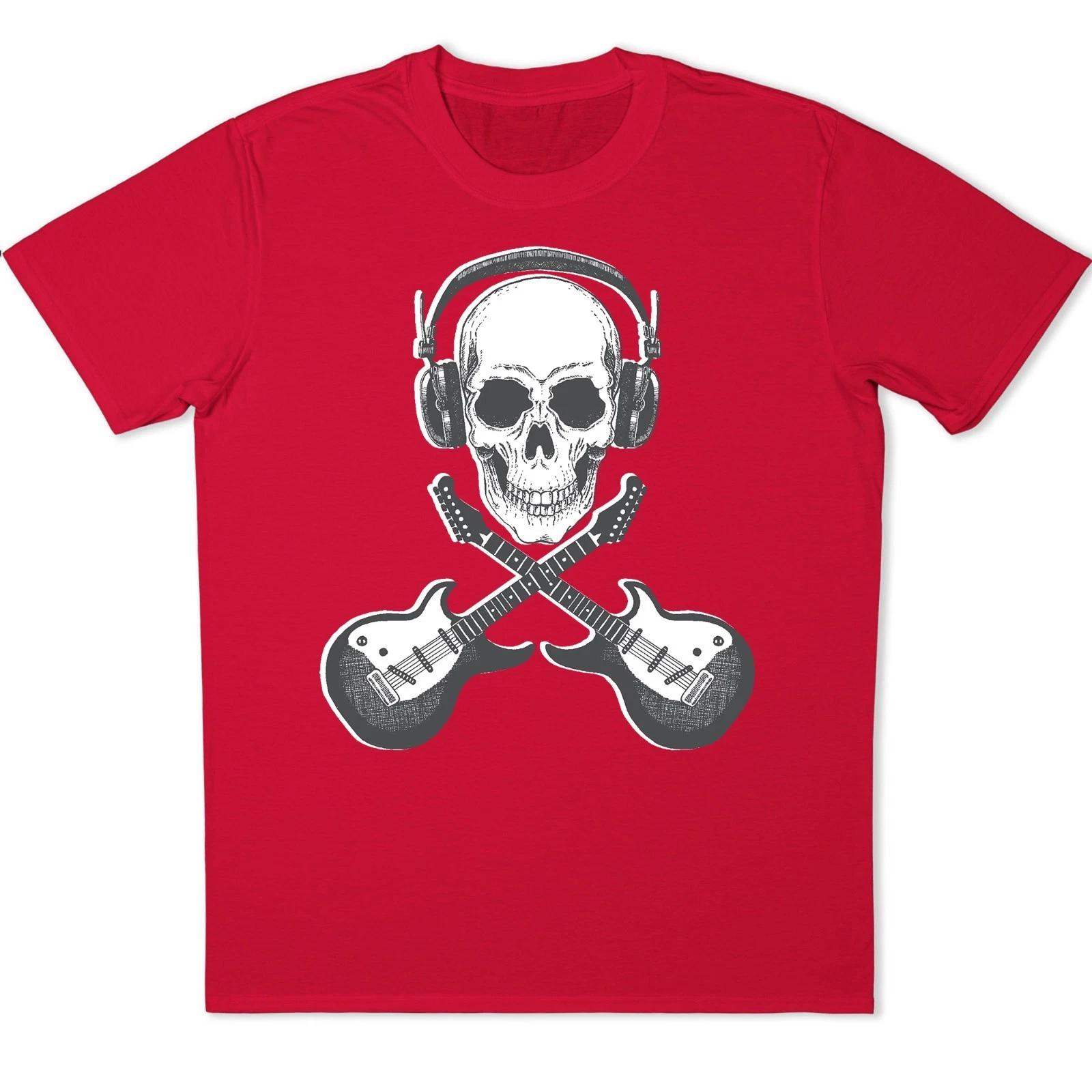 Skull Headphones Guitar Crossbones Graphic T-Shirt Rock Music DJ Tee Biker Punk XXL