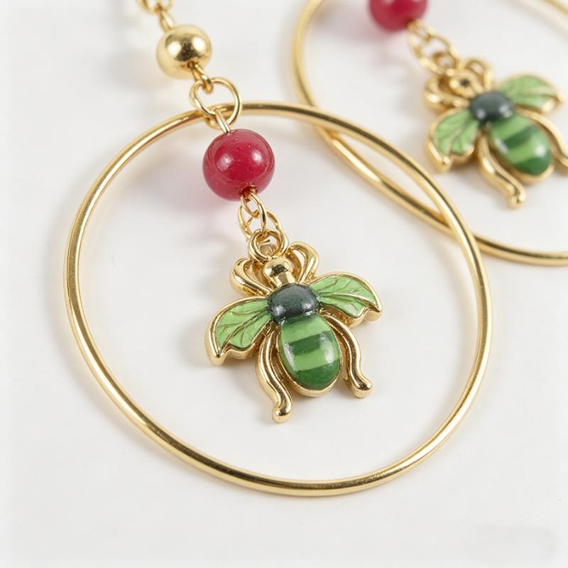 Rust-proof Gold Plated Hoop Dangle Earrings Enamel Bee Charm Red Bead Accent for Women Casual Daily Wear Gift