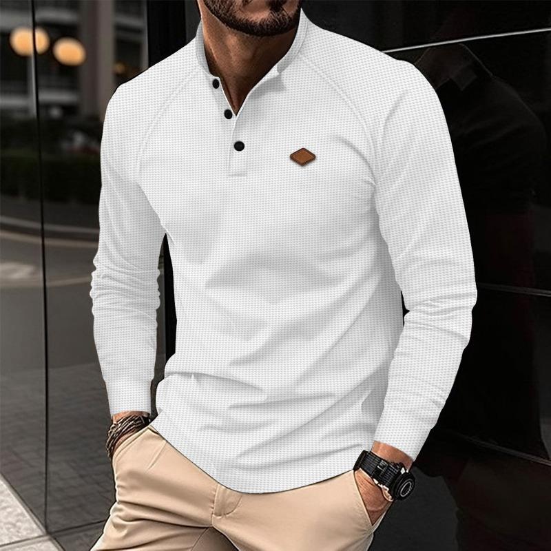 Autumn Men's Cross-border New Youth Waffle Solid Color Button-down Lapel Long-sleeved POLO Shirt
