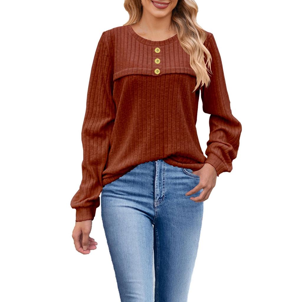 Damenmode Locker Rundhals Knopf Langarm T-Shirt Lässiges Strickoberteil